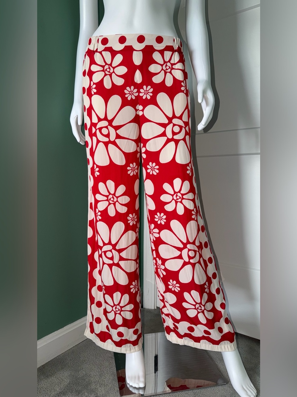 Rose & Olive Red and White Wide-Leg Floral Pants